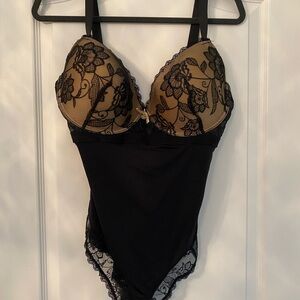 Daisy Fuentes Black and Tan Lace Bra Bodysuit